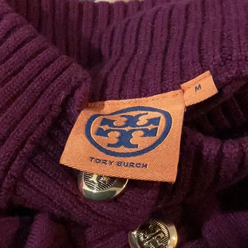 Tory Burch Dark Raspberry Wool/Cashmere Blend Sweater w/ Gold Logo Buttons